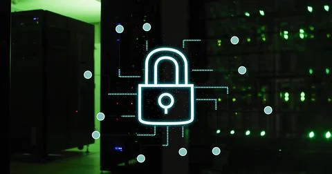Displaying cyan padlock icon with node markers reflecting on glass in data 스톡 사진