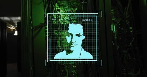 Displaying cyan pixel avatar in server aisle, UI grid labeled User profile 00063 Stock Illustration