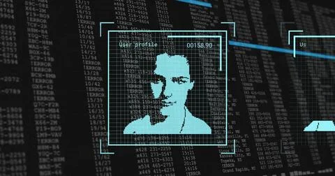 Displaying cyan pixel portrait in profile box on security terminal showing 00158 Stock Illustration