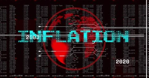 Displaying cyan pixelated headline over red globe on dashboard, showing 2003 and Stock Illustration