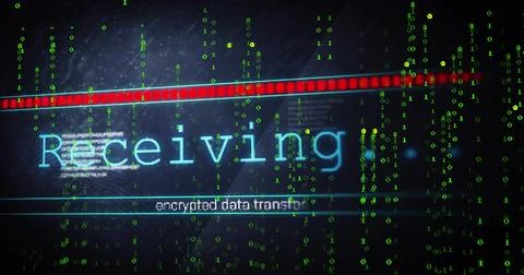 Displaying cyan Receiving on console with red bar, green binary, encrypted line, Stock Illustration