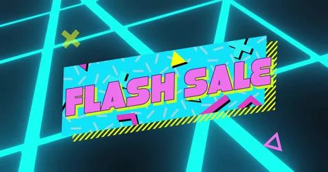 Displaying cyan rectangular FLASH SALE banner tilting in neon studio, with Stock Illustration