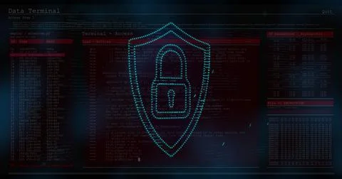 Displaying cyan shield with lock icon in dark interface, showing access prompts Stock Illustration