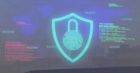 Displaying cyan shield with padlock and fingerprint on dashboard grid, numeric Stockillustratie