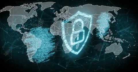 Displaying cyan shield padlock over Africa Europe on security dashboard with map Ilustração Stock