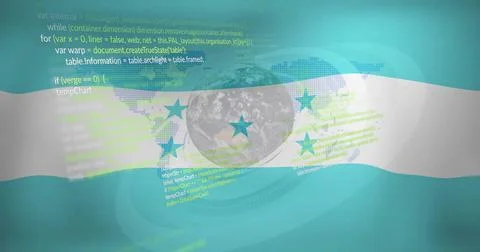 Displaying cyan stripes flag featuring Earth globe and five turquoise stars over Illustrazione stock