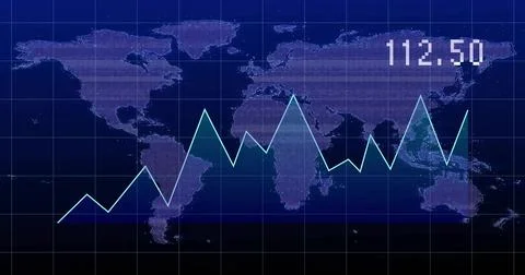Displaying cyan teal line graph fluctuating on dashboard at center, with dotted Stock Illustration