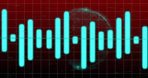 Displaying cyan waveform bars pulsing across dark red grid screen, with globe Stock Photos