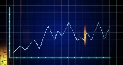 Displaying cyan waveform chart over neon-blue grid at monitoring console, with Stock Photos
