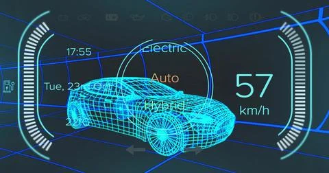 Displaying cyan wireframe 3D car model in neon-blue grid tunnel, showing HUD Stock-Illustration
