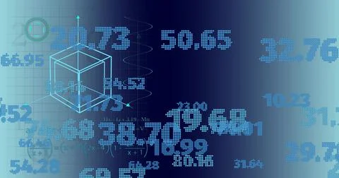 Displaying cyan wireframe 3D cube centered on blue canvas, showing axes, spiral, 库存插图