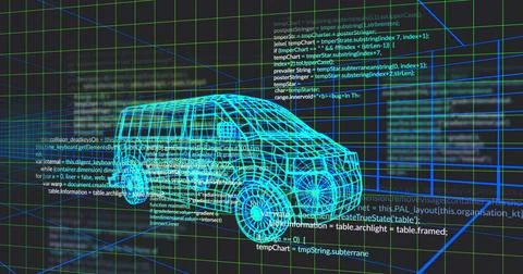 Displaying cyan wireframe 3D van model rotating in virtual modeling workspace Illustrazione stock