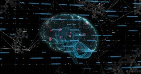 Displaying cyan wireframe brain floating in virtual grid, with red markers and 库存照片