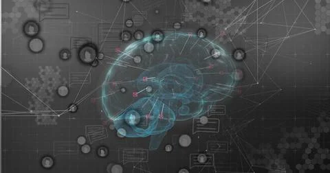 Displaying cyan wireframe brain hologram in virtual interface, showing avatar Stock Illustration