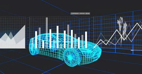 Displaying cyan wireframe car model on grid floor in data studio, with bar ch Stock Illustration