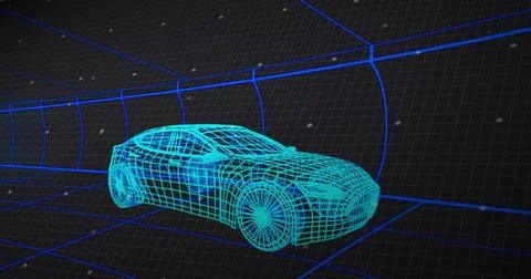 Displaying cyan wireframe car model centered, rotating inside curved grid tun Illustrazione stock