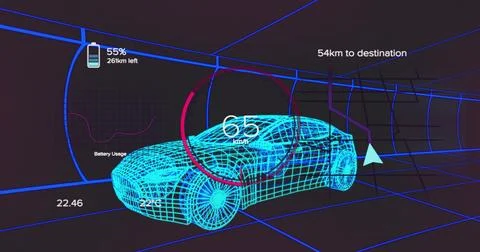 Displaying cyan wireframe car model moving in sim tunnel cockpit, showing speed Stock-Illustration