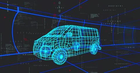 Displaying cyan wireframe cargo van model rotating on virtual grid floor, with Stock Illustration