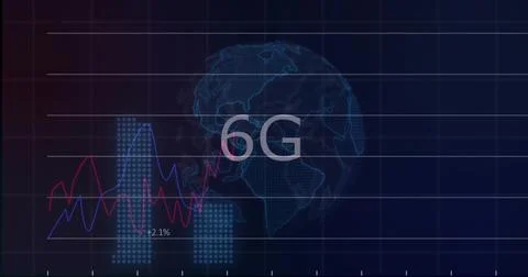Displaying cyan wireframe globe overlaid by big 6G text on dashboard, featuring Stock Illustration