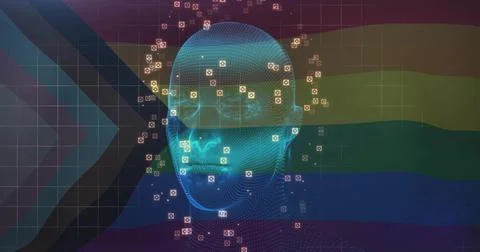 Displaying cyan wireframe head centered on rainbow flag backdrop, left chevron, Illustrazione stock