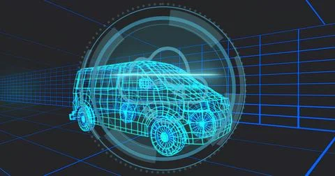 Displaying cyan wireframe passenger van model in dark virtual simulation, wit Stock Illustration