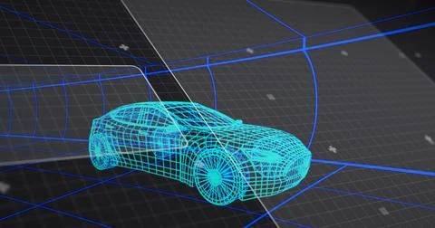 Displaying cyan wireframe sedan in 3D space, with 3D grid floor, curved walls, Stockillustratie
