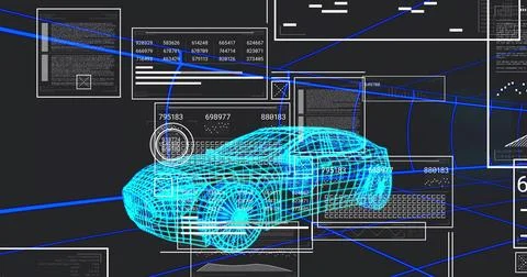 Displaying cyan wireframe sedan model rotating in virtual workspace, showing Stock Illustration