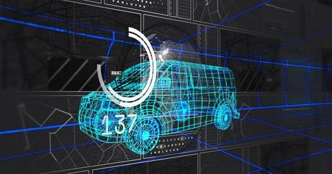 Displaying cyan wireframe van model hovering in virtual design workspace, wit Stock Illustration