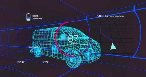 Displaying cyan wireframe van model inside VR tunnel, with speed gauge battery Stock Illustration