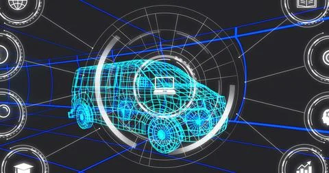Displaying cyan wireframe van model centered in virtual dashboard, showing HUD Stock Illustration
