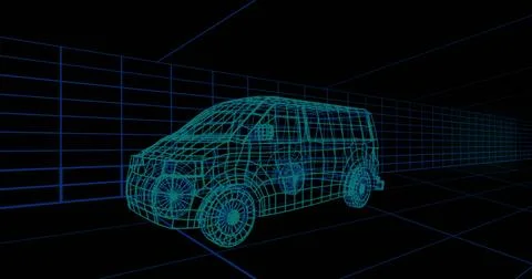 Displaying cyan wireframe van model occupying center in 3D grid tunnel, showing 스톡 일러스트
