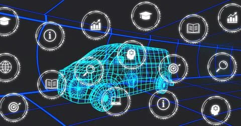 Displaying cyan wireframe vehicle in virtual stage, linking circular holographic Stock Illustration