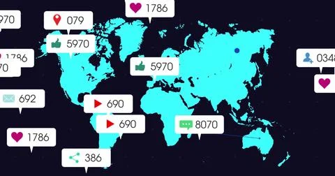 Displaying cyan world map in digital infographic showing social metrics with Stock Illustration