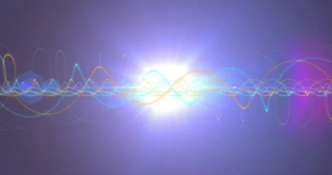 Displaying cyan yellow oscillating waveforms with radiant central glow on purple Stock Footage 309285955
