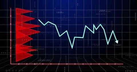 Displaying cyan zigzag line graph with arrow descending in dashboard with red Foto stock