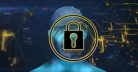 Displaying cyber bust undergoing scanning in virtual HUD, showing gold padlock Stock Illustration