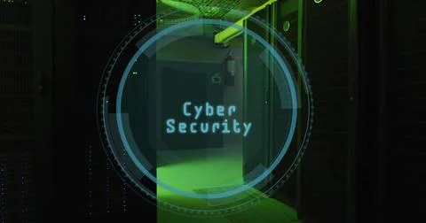Displaying Cyber Security interface in data center corridor under green Stock Illustration