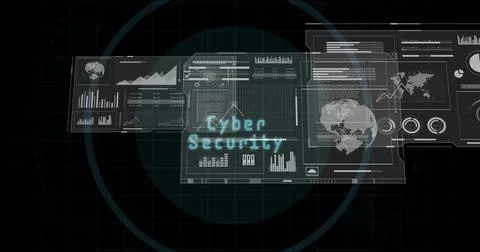 Displaying cybersecurity dashboard in console, showing HUD panels, 'Cyber 스톡 사진