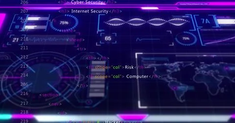 Displaying cybersecurity HUD on virtual dashboard with circular gauge, progress Illustration