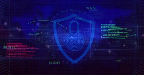 Displaying cybersecurity interface featuring shield fingerprint padlock motif, 写真素材