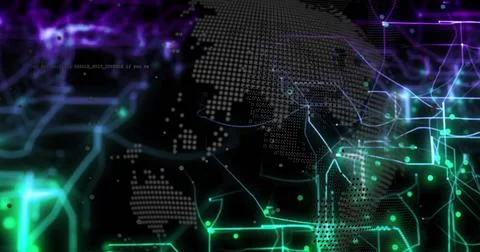 Displaying cyberspace map with dotted continents, neon circuit lines, glowing 스톡 사진