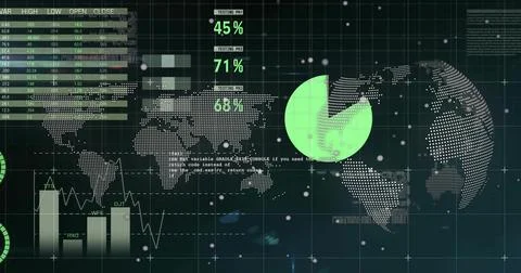 Displaying dark analytics dashboard in frame, showing dotted map, green pie, Stock Photos