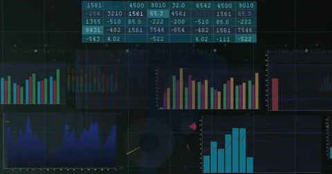 Displaying dark analytics dashboard on screen showing numeric matrix, bars, area Stock Illustration