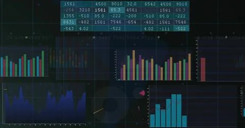 Displaying dark analytics dashboard on screen, showing cyan table, bar charts, Stock Illustration