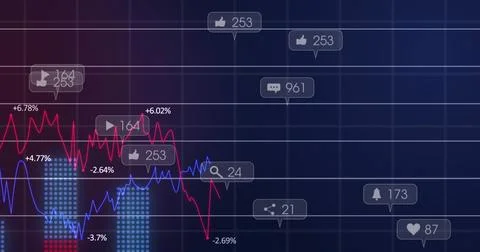 Displaying dark analytics dashboard showing red and blue line graphs with dotted Stock Illustration