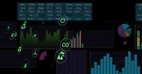 Displaying dark analytics UI on-screen showing table, area chart, bars, pie c Stock Illustration