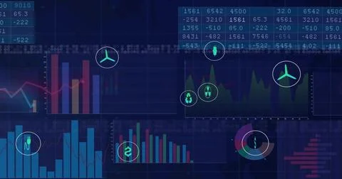 Displaying dark-blue analytics on screen showing bars, lines, donut chart, data Illustrazione stock