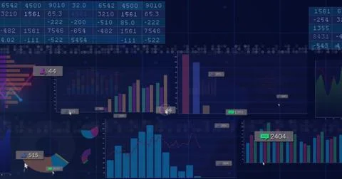 Displaying dark blue analytics screen showing bars, histogram, pie, numeric Stock Photos