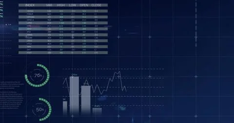 Displaying dark-blue data panel at left screen, showing index table, bar char Stock Illustration