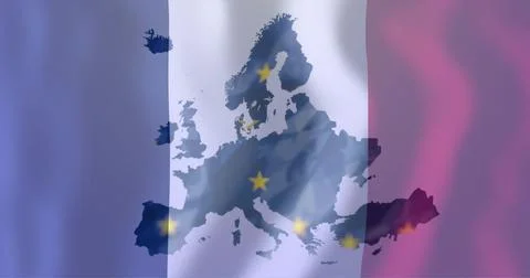 Displaying dark blue European map silhouette over vertical tricolor flag, Ilustração Stock